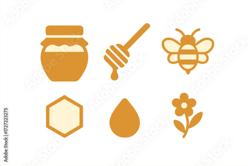 Sweet natural honey jar dipper bee honeycomb drop and flower design elements for food and nature concepts