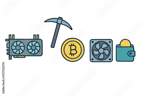 Cryptocurrency mining hardware and digital assets including Bitcoin, GPU, cooling fan, pickaxe, and wallet