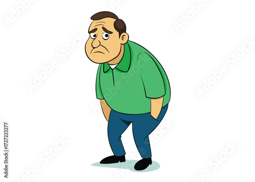 Cartoon of a Sad MiddleAged Man Wearing a Green Shirt and Blue Pants