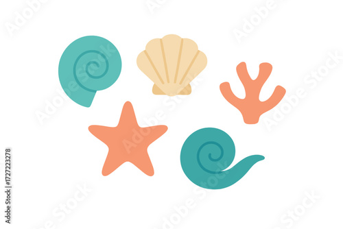 Colorful collection of diverse marine life elements including spiral shells, scallop shell, starfish, and coral