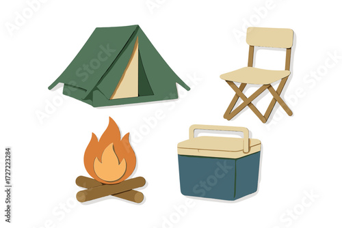 Essential camping gear collection featuring a classic tent, portable chair, warm campfire, and insulated cooler