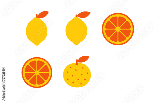 Bright yellow lemons and vibrant orange slices with a whole citrus fruit arranged on a clean white background