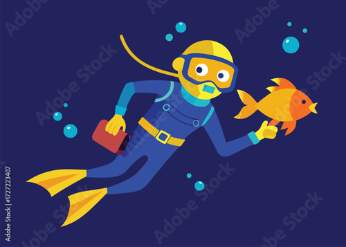 Cartoon Scuba Diver Swimming with Orange Fish and Holding Red Box in Deep Blue Sea