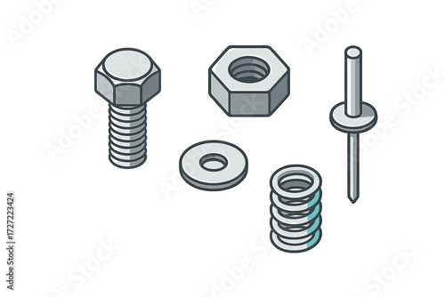 Isometric view collection of various industrial fasteners and mechanical hardware components including bolts nuts washers springs and rivets