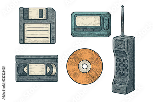 Set of vintage electronic devices and retro data storage media from the 1980s and 1990s including floppy disk, VHS, pager, and mobile phone