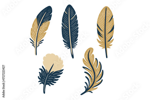 Stylized decorative bird feathers in blue and gold colors with abstract natural elements for creative design projects