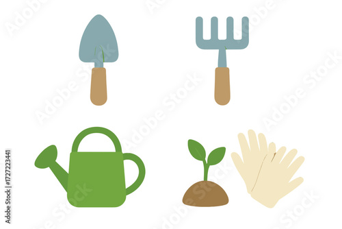 Gardening tools set with shovel, rake, watering can, young plant sprout, and protective gloves for cultivation