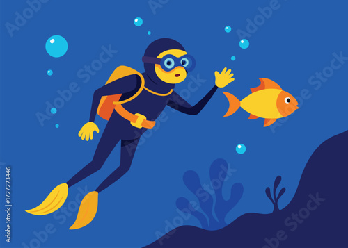 Cartoon Scuba Diver Waving at a Yellow Fish Underwater with Blue Bubbles and Seaweed