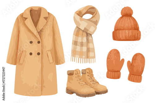Cozy autumn and winter fashion collection with warm outerwear and accessories including coat, scarf, hat, mittens, and boots