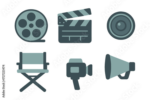 Essential filmmaking production equipment and cinema industry elements collection with film reel clapperboard camera lens director chair video camera megaphone