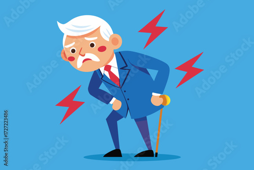 Cartoon Senior Man in Blue Suit with Back Pain Using Cane, Blue Background