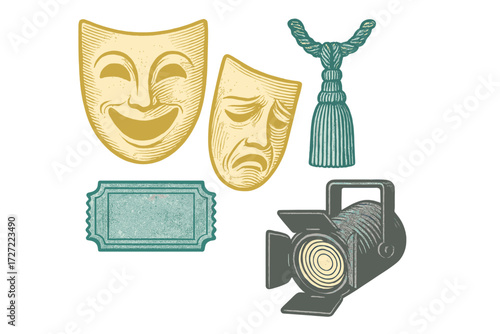 Theatrical performance elements with comedy and tragedy masks, stage spotlight, show ticket, and decorative tassel