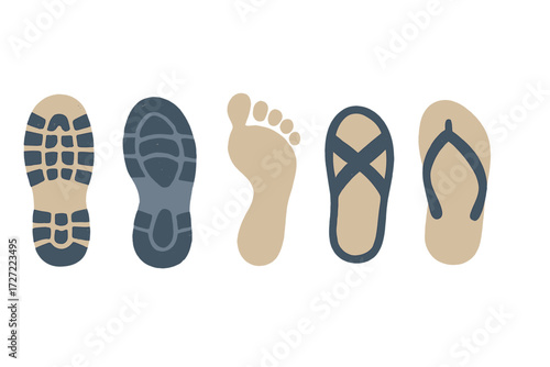 Collection of diverse footprints including shoe soles, sandals, and a bare human foot print in a stylized design