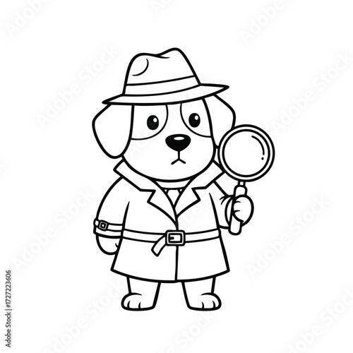 A curious dog detective wearing a trench coat and hat, holding a magnifying glass with a serious expression.