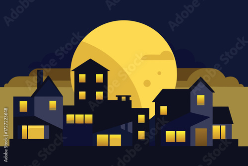Cartoon Townscape at Night Featuring Houses with Glowing Windows and a Large Full Moon