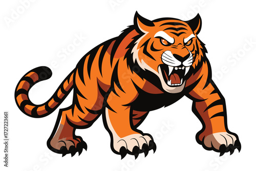 Cartoon Tiger Roaring Menacingly with Sharp Teeth and Intense Eyes on a White Background