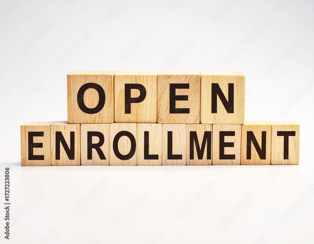 Fototapeta premium Open enrollment, text on wood blocks, healthcare concept, white backdrop. AI