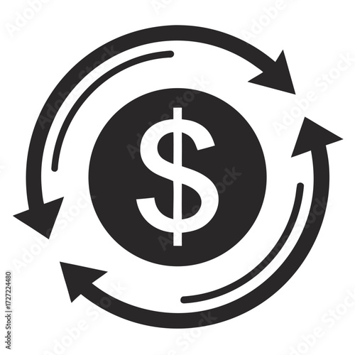 Dollar Sign Circle with Three Arrows Illustrating Money Cycle Flowing in Black