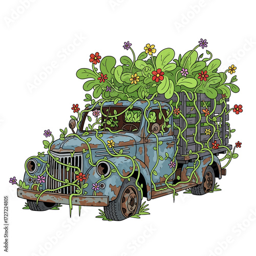Overgrown Vintage Truck with Flowers and Vines a Verdant Vehicle Illustration