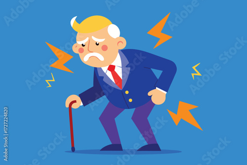 Elderly Man with Back Pain Using Cane Illustration with Blue Background and Lightening Bolts