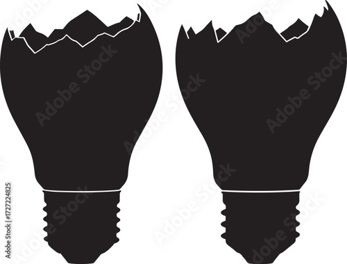 Two broken light bulb silhouettes with jagged edges on a white background silhouette