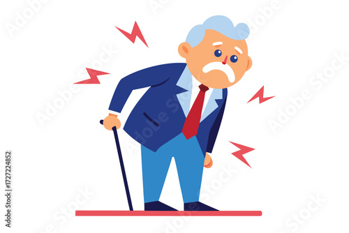 Elderly Man with Cane Experiencing Joint Pain Indicated by Lightning Bolts, Wearing a Blue Suit