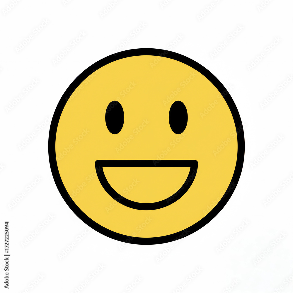 Fototapeta premium A bright yellow circular emoji with a cheerful open smile, representing happiness, joy, and positive communication in a simple graphic illustration