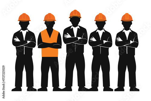 Five Silhouette Construction Workers Wearing Orange Hard Hats and One Orange Safety Vest