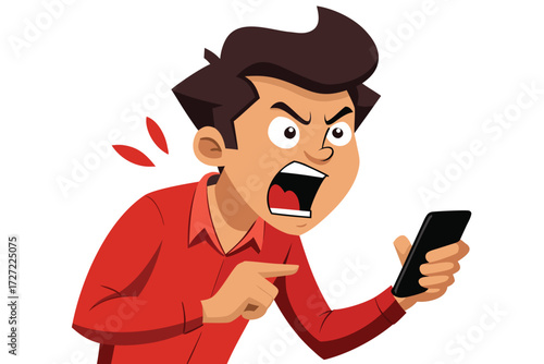 Furious Cartoon Man Screaming at Phone in Anger, Red Shirt