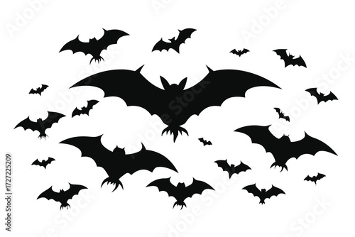 Halloween Bats Silhouettes Black Bats Flying, Halloween Vector, Creepy Bat Designs, White Background