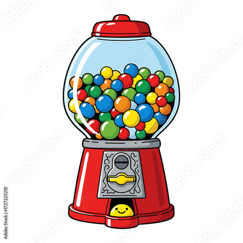 Classic Red Gumball Machine Filled with Colorful Spherical Candies and a Smiling Surprise