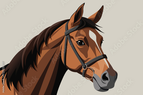 Illustration of a Bridled Chestnut Horse Head on Light Background