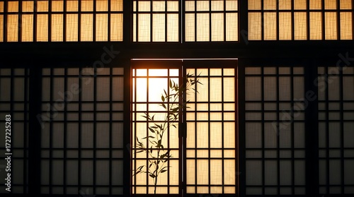 Traditional Korean Hanok Sliding Door with Bamboo Silhouette at Sunrise