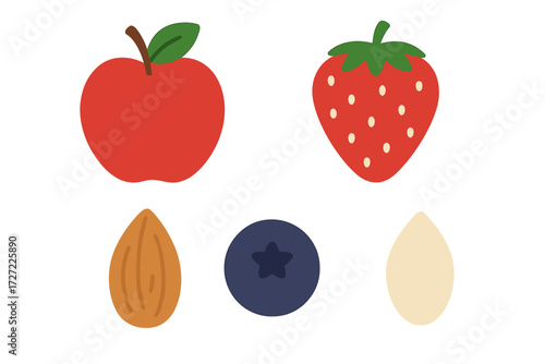 Assortment of fresh healthy fruits and nuts including red apple, ripe strawberry, sweet blueberry, and almonds
