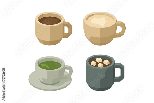 Stylized collection of popular hot beverages like coffee, creamy latte, green matcha tea, and hot chocolate with marshmallows in geometric cups
