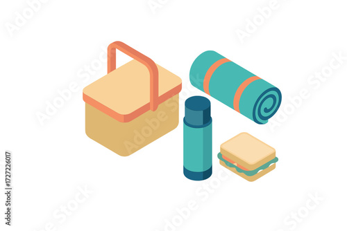 Picnic essentials with basket, thermos, rolled mat, and sandwich for outdoor leisure activity and relaxation