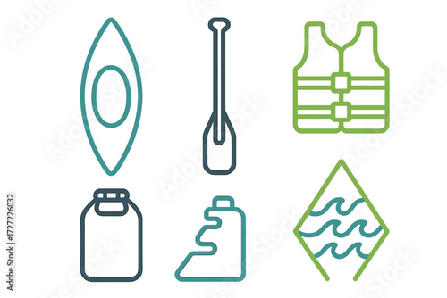 Collection of minimalist line art icons representing essential equipment and activities for outdoor water sports and adventure, including kayaking, paddling, and exploring rivers and lakes