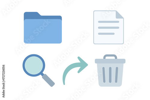 Digital file management icons for data organization, search, and deletion with folder, document, and trash can symbols