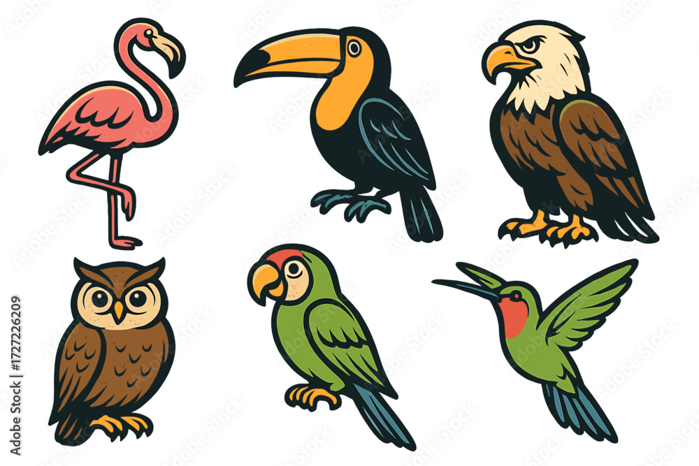 Fototapeta premium Diverse collection of wild birds including flamingo, toucan, eagle, owl, parrot, and hummingbird
