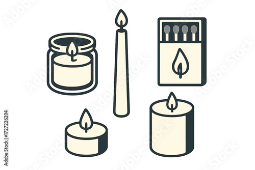 Stylized collection of burning candles in various forms including taper, pillar, jar, and tea light with a matchbox