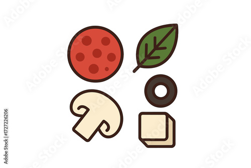 Assortment of fresh pizza ingredients including pepperoni, mushroom, olive, basil, and cheese cubes for cooking