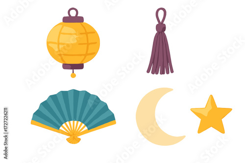 Decorative set of Asian inspired items with a glowing lantern, elegant fan, intricate tassel, celestial moon, and bright star