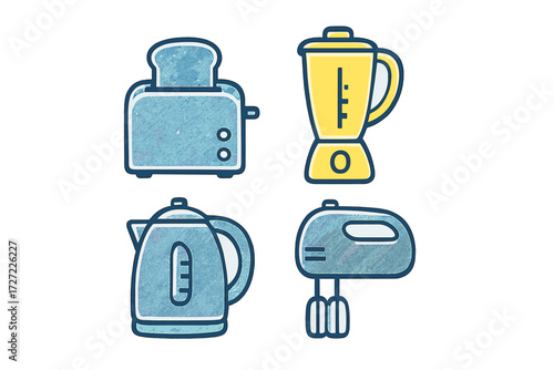 Essential kitchen appliances set including toaster, blender, electric kettle, and hand mixer for modern home cooking and food preparation