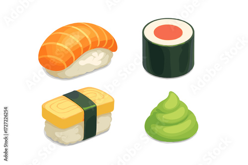 Assortment of traditional Japanese sushi, nigiri, maki roll, and spicy wasabi paste on a white background