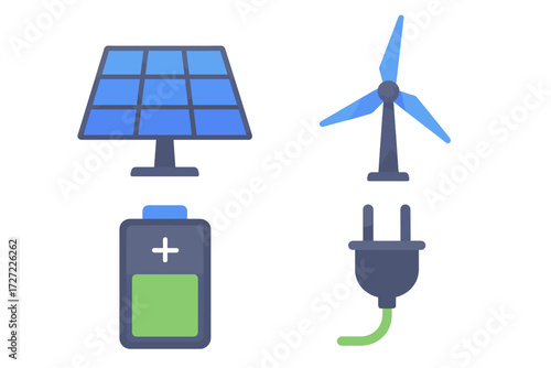 Renewable energy sources and power supply icons set with solar panel, wind turbine, battery, and electric plug