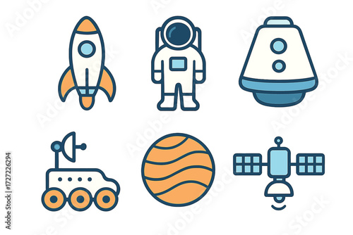 Space exploration rocket, astronaut, space capsule, planetary rover, distant planet, and communication satellite