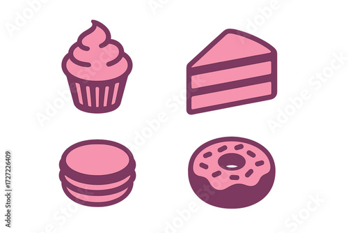Collection of delicious dessert icons featuring cupcakes, cake, macarons, and donuts in a sweet color palette