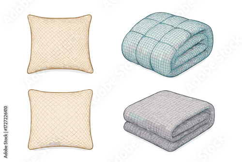 Soft comfortable pillows and folded quilted blankets for home decor and cozy bedroom interior design