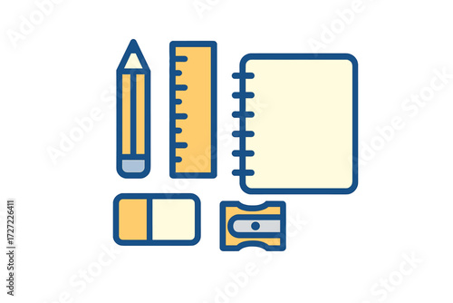 Essential school and office supplies set featuring a pencil, ruler, notebook, eraser, and sharpener