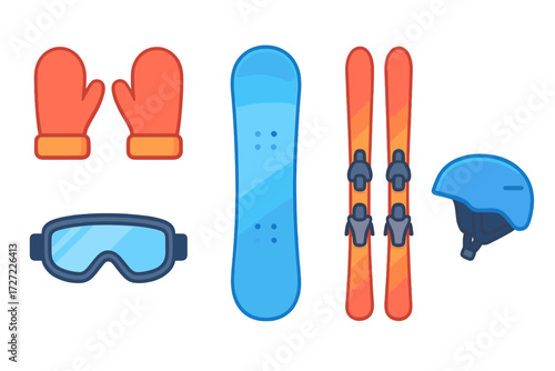 Colorful winter sports equipment collection with snowboard, skis, helmet, mittens, and goggles for cold weather activities